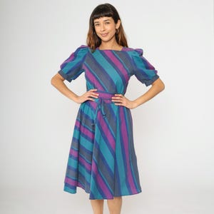 80s Striped Puff Sleeve Dress Midi High Waisted Square Neck Magenta Grey Turquoise Blue Secretary Day Dress Vintage 1980s Small Medium