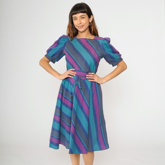 80s Striped Puff Sleeve Dress Midi High Waisted Square Neck Magenta Grey Turquoise Blue Secretary Day Dress Vintage 1980s Small Medium
