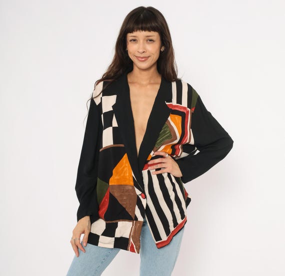 Abstract Geometric Blazer 90s Color Block Jacket Black Orange Stripe Art Single Button Longline Relaxed Fit Long Sleeve Extra Large XL