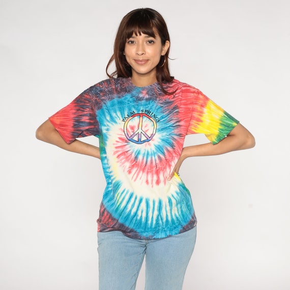 Palm Springs Shirt Y2K Tie Dye T-Shirt Embroidered Peace Sign Graphic Tee California Desert TShirt Rainbow Swirl Groovy Vintage 00s Medium M