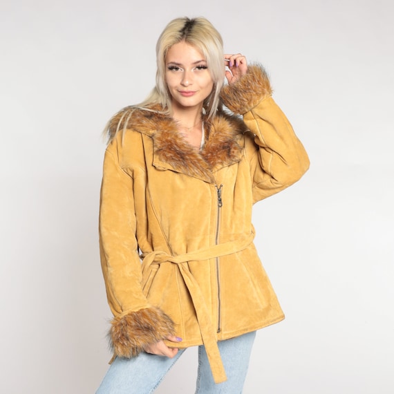 Penny Lane Coat 70s Suede Coat Hooded Faux Fur Leather Hippie Jacket Belted Hoodie Boho Groovy Retro Seventies Hood Vintage 1970s Large L