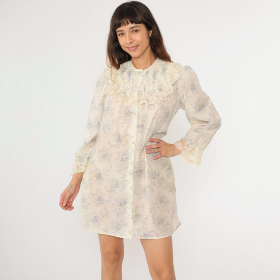 70s Mini Dress Floral Lace Bib Dress Shift Puff Sleeve Dress Button Up Dress Semi-Sheer Seventies 1970s Vintage Bohemian Cream Blue Medium