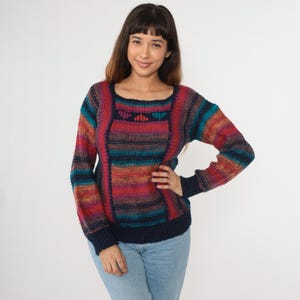 Vintage Striped Sweater 80s Rainbow Knit Boho Hippie Pullover Colorful Retro Knit Balloon Sleeve Sweater Red Blue Purple Small