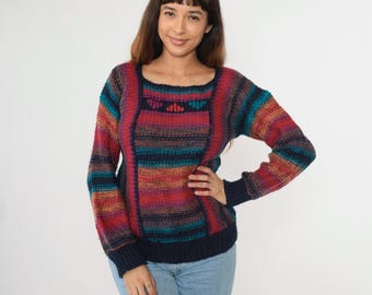 Suéter de rayas vintage de los años 80, suéter de punto arcoíris, bohemio, hippie, suéter de punto retro colorido con mangas abullonadas, rojo, azul, morado, pequeño