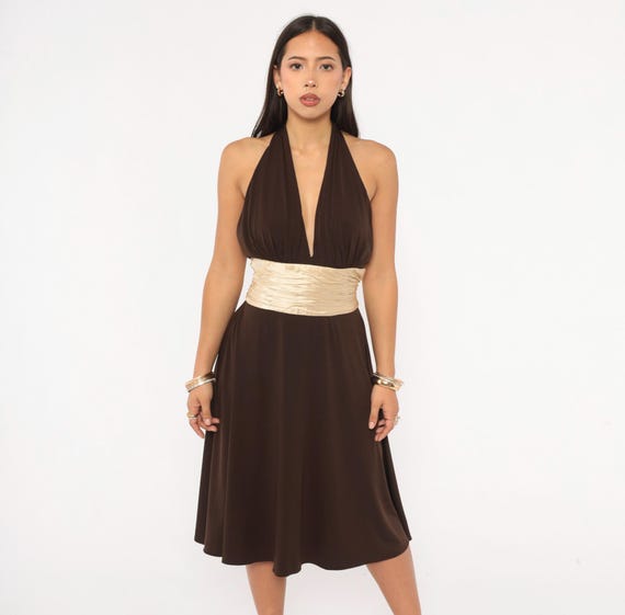 Chocolate Halter Dress Silk Sash Waist 2000s Maggy London Deep V Neckline Open Back Brown Cream Cocktail Evening Party Tie Back Medium M