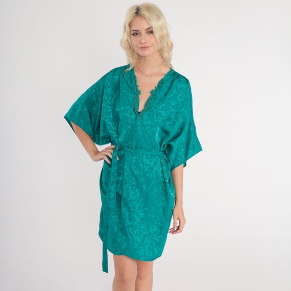 Green Embossed Robe 90s Lingerie Bed Jacket Flower Print Tie Front Lounge Mini Short Pajama Robe Boho Vintage Val Mode 1990s Small S