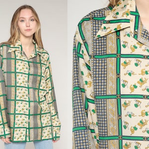 70s Disco Shirt Yellow Green Button up Checkered Paisley Equestrian Print Long Sleeve Top Horseshoe French Horn Vintage 1970s Mens Large L image 1