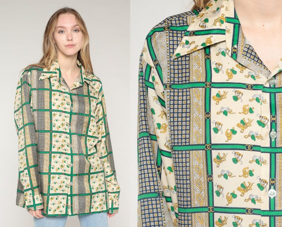 70s Disco Shirt Yellow Green Button up Checkered Paisley Equestrian Print Long Sleeve Top Horseshoe French Horn Vintage 1970s Mens Large L