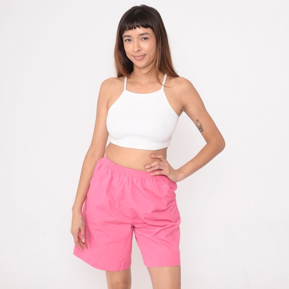 90s Baggy Shorts Bright Pink Elastic Waist Shorts Lounge Bermuda High Waisted Vintage Pockets High Waist Shorts 1990s Plain Small xs s