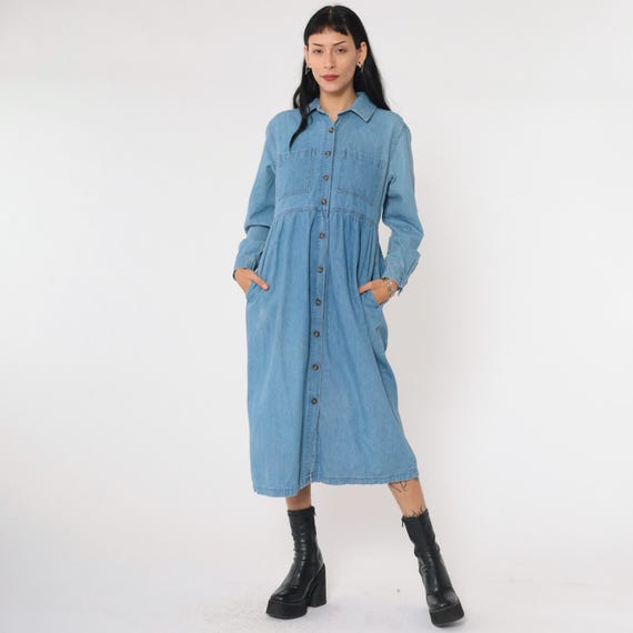 Vintage Denim Midi Dress 90s Blue Jean Shirtdress Button Up High Waisted Long Sleeve Collared Retro Pocket Day Cotton 1990s Small 4 Petite