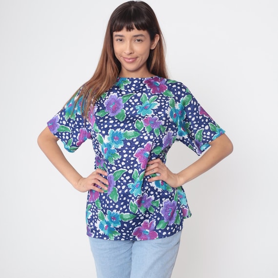 Polka Dot Floral Blouse 90s Vintage Navy Blue Purple Teal Short Sleeve Button Back Top Watercolor Flowers Preppy Spring Summer Size 10 M