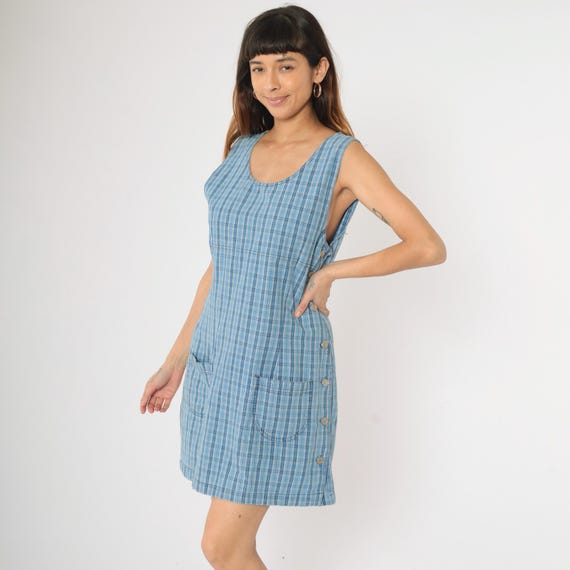 Vintage Checkered Jumper Dress 90s Mini Blue Plaid Print Overall Dress Pinafore Sleeveless Shift Button Side MiniDress 1990s Grunge Medium M