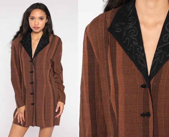 Bohemian Blazer 80s 90s Brown Striped Jacket Button Up Black Collar Soutache Coat 1980s Work Blazer Vintage Collared Medium Large