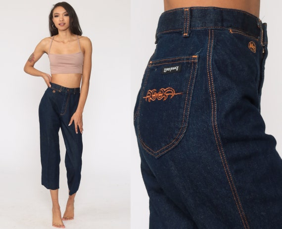 High Waisted Jeans 25 70s Denim Pants Straight Leg Jeans Cropped Bohemian Blue Jeans 80s Vintage Hipster Boho Hippie Extra Small xs