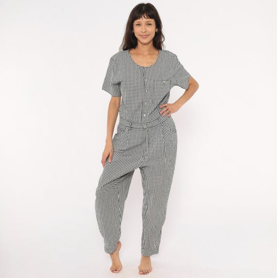 90s Gingham Jumpsuit Black White Check Cotton One Piece Romper Short Sleeve Tapered Leg Pocketed Checkered Summer Vintage Lizwear Large L