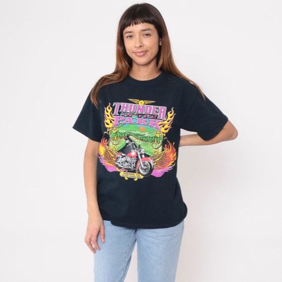 Motorcycle Festival T Shirt 00s Thunder In The Park Fresno Biker Rally Tshirt 2000s California Music Fest Graphic Tee Black Vintage Medium