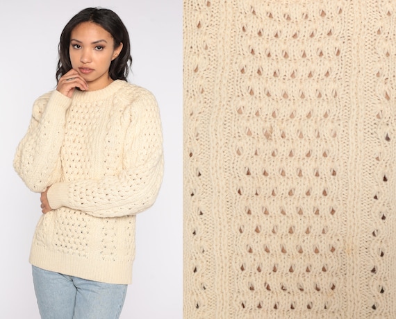 Cream Wool Sweater 80s Raglan Sleeve Cable Knit Sweater Fisherman Slouchy Chunky Knit Boho Pullover Cableknit 1980s Vintage Small Medium