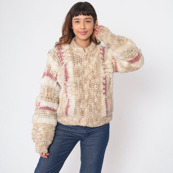 Chunky Knit Sweater 70s Zip Up Fuzzy Cardigan Tan… - image 2