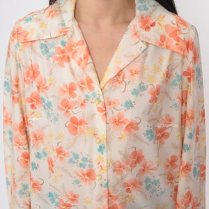 Floral Blouse 70s Boho Disco Shirt Button Up Top Collared Bohemian Long Sleeve Retro Off-White Orange Orchid Flower Vintage 1970s Medium M image 5