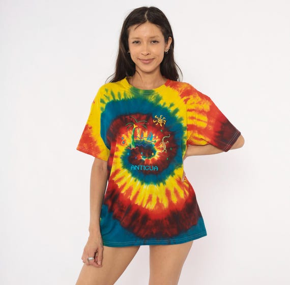 Tie Dye Antigua Tee Embroidered Palm Tree Sailboat Lizard Sun Spiral Rainbow Cotton Crew Neck Short Sleeve Vacation Caribbean Top Large L