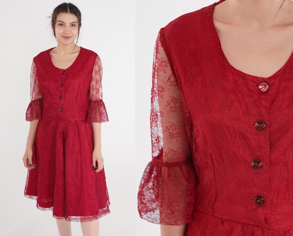 Red Lace Dress 90s Party Dress High Waisted Sheer… - image 1