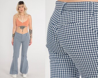 Gingham Bell Bottom Trousers 70s Saddleback Checkered Pants H Bar C Blue White Low Waist Hippie Boho Flared 1970s Plaid Print Vintage Small