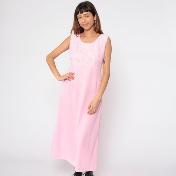 70s Pink Lace Dress Maxi Dress 60s Mod Party Formal 1970s High Waist Bohemian Vintage Pastel Scoop Neck Sleeveless Medium 8