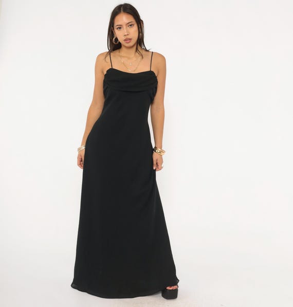 90s Black Evening Gown Floor Length Formal Dress Ruched Back Drape Chiffon Cocktail Party Slip Romantic Goth Alt Vamp Prom Vintage Medium M