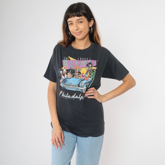 Vintage Rock-a-Rama Philadelphia T-Shirt 80s Rockabilly Classic Car Tshirt Hot Rod Music Instruments Black Graphic Tee 1980s Cartoon Small