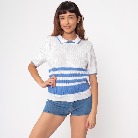 Striped Knit Top 70s Peter Pan Collar Blue White Devon Vintage Preppy Short Sleeve Pointelle Summer Knitted Sweater Nerdcore Medium M