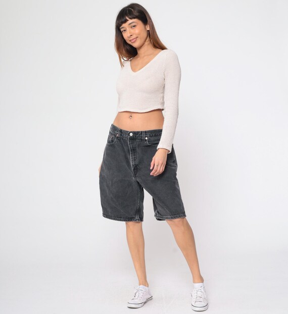 Vintage Black Levi 550 Shorts 90s Faded Levis Denim Shorts High Waisted Rise Jean Shorts Knee Length Retro 1990s Men's 38 Large