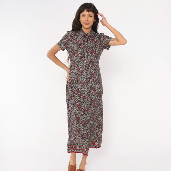 90s Paisley Dress Shirtdress Burgundy Maxi Cranberry Blue Floral Print Tie Back Waist Wine Red Vintage Summer Whimsigoth Grunge Alt Small S