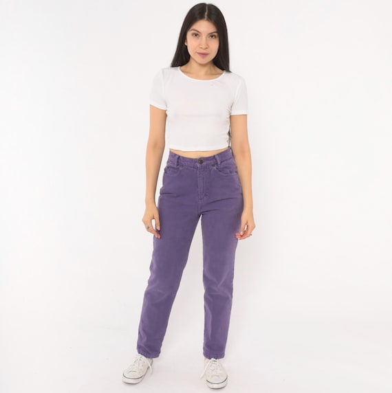 90s Purple Mom Jeans High Waisted Tapered Leg Violet Denim Pants Cotton Straight Trousers Lavender Vintage Bottoms 26 Waist Extra Large XL