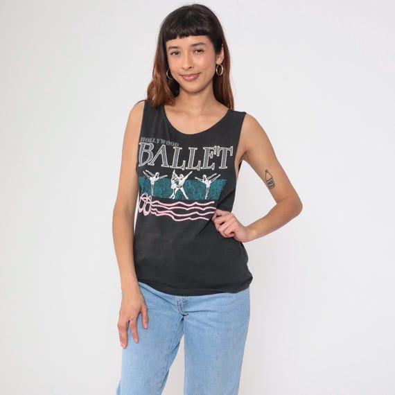 90s Hollywood Ballet Tank Top Vintage Black Los Angeles Graphic Tee Retro Sleeveless Athletic Dance Muscle TShirt 1990s California Small S
