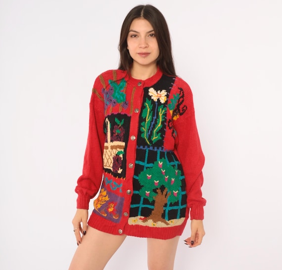 90s Knit Cardigan Parchwork Style Floral Apple Tree Picnic Basket Button Front Long Sleeve Cottagecore Grandma Sweater Vintage Medium M