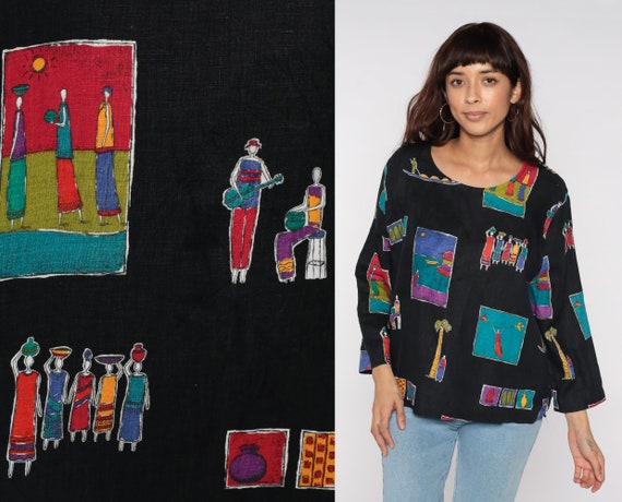 Village Print Blouse Black Novelty Print 90s Beach Town Musician Vintage Long Sleeve 1990s Retro Tourist Palm Tree Boat Vacation Large L