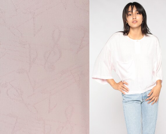 Music Note Shirt 90s Light Pink Top Sheet Music Print Dolman Sleeve Henley Blouse Sheet Music Theory Musician Band 1990s Vintage Large L 12