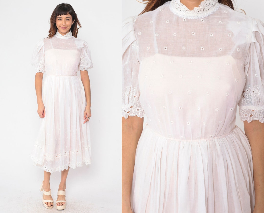 1970s White Eyelet Dress
