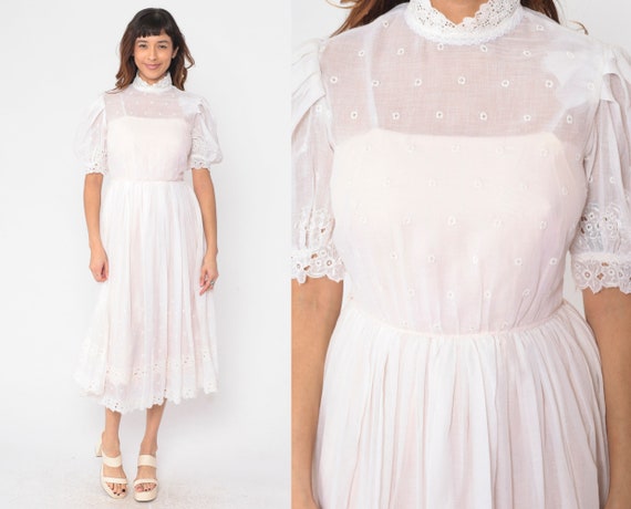 White Eyelet Dress 60s 70s Sheer Floral Embroidered Lace Puff Sleeve 1960s Boho Vintage High Waist Cottagecore Bohemian Romantic Small S
