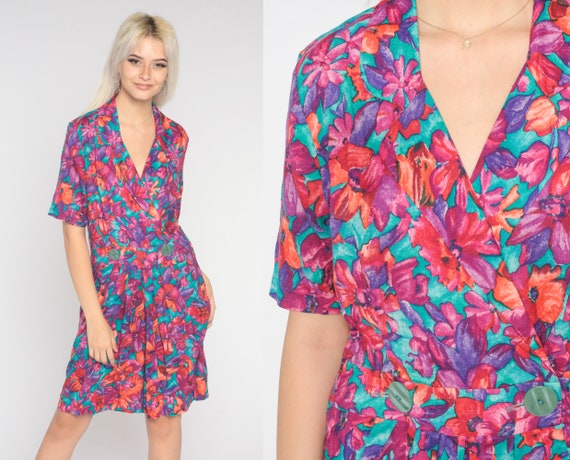 90s Romper Bright Tropical Floral Playsuit V Neck Wrap One Piece Woman Low Waist 80s Mini Vintage Wide Leg Shorts Short Sleeve Medium Large
