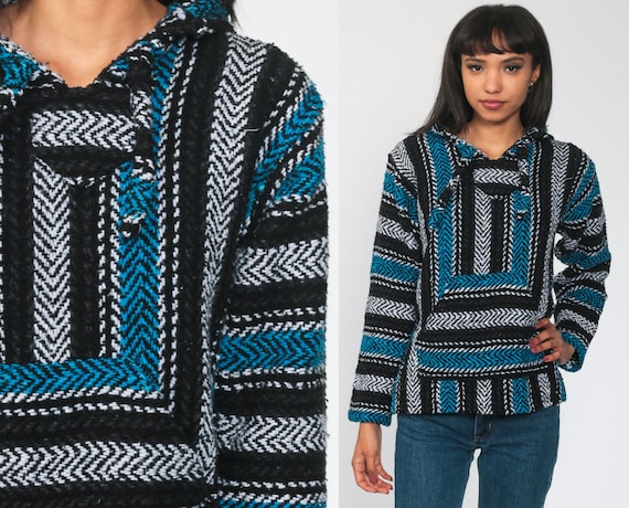 size Large Vintage Ethnic Woven Sweater Oversized Drug Rug Geometric Striped Hippie Hoodie Loose Boho Hoodie Unisex Baja Hoodie
