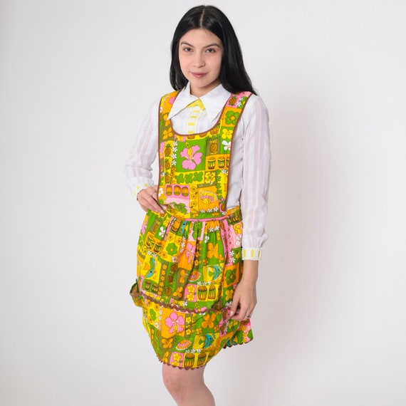 70s Floral Apron Dress Mini Dress Open Back Diner Uniform Hawaiian Hibiscus Flower Fish Pineapple Print Boho Vintage 1970s Extra Small XS S