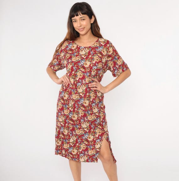 90s Floral Dress Red Side Slit Grunge Dress Boho Midi Princess Seam Blue Green Yellow 1990s Vintage Sheath Short Sleeve Medium Large