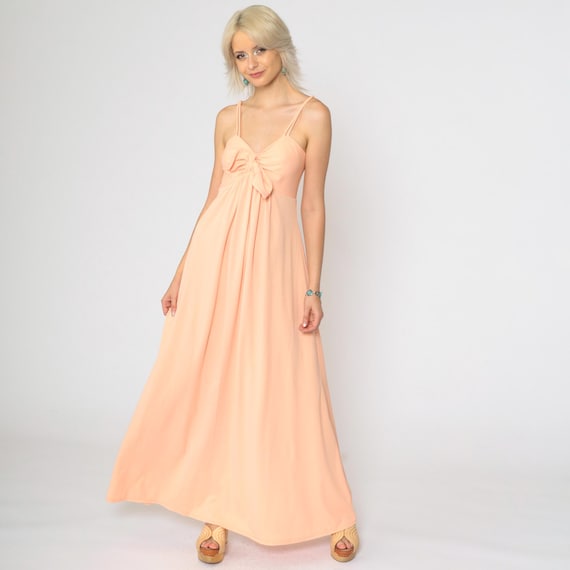 1970s Grecian Dress Pastel Peach Maxi Party Empire Waist Chest Tie 70s Disco Goddess Jersey Spaghetti Strap Long Vintage Small