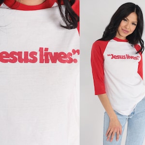 Vintage Jesus Lives Shirt Raglan Tee 80s Ringer Tshirt 80s Christian T Shirt Raglan Sleeve Distressed Baseball Tshirt White Red Retro Small image 1