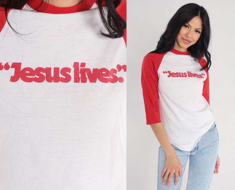 Vintage Jesus Lives Shirt Raglan Tee 80s Ringer Tshirt 80s Christian T Shirt Raglan Sleeve Distressed Baseball Tshirt White Red Retro Small image 1