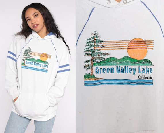 California Hoodie Sweatshirt 80s GREEN VALLEY LAKE Hooded Sweatshirt Sunset Tree Nature  Hood Long Sleeve 1980s Top Retro Vintage Large L