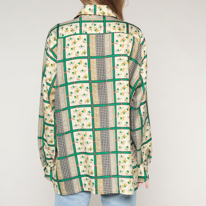 70s Disco Shirt Yellow Green Button up Checkered Paisley Equestrian Print Long Sleeve Top Horseshoe French Horn Vintage 1970s Mens Large L image 6