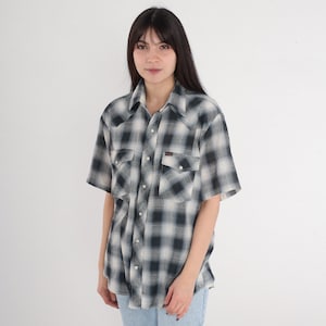Vintage Plaid Wrangler Shirt 80s Western Pearl Snap Shirt Cowboy Button Up Black White Short Sleeve Collared Pocket Rodeo 1980s Men&#39;s Medium