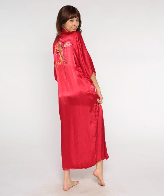 Dragon Embroidered Kimono Red Satin Robe 90s Maxi Long Asian Open Front Pockets Dressing Gown Loungewear Vintage Sleepwear Extra Large XL
